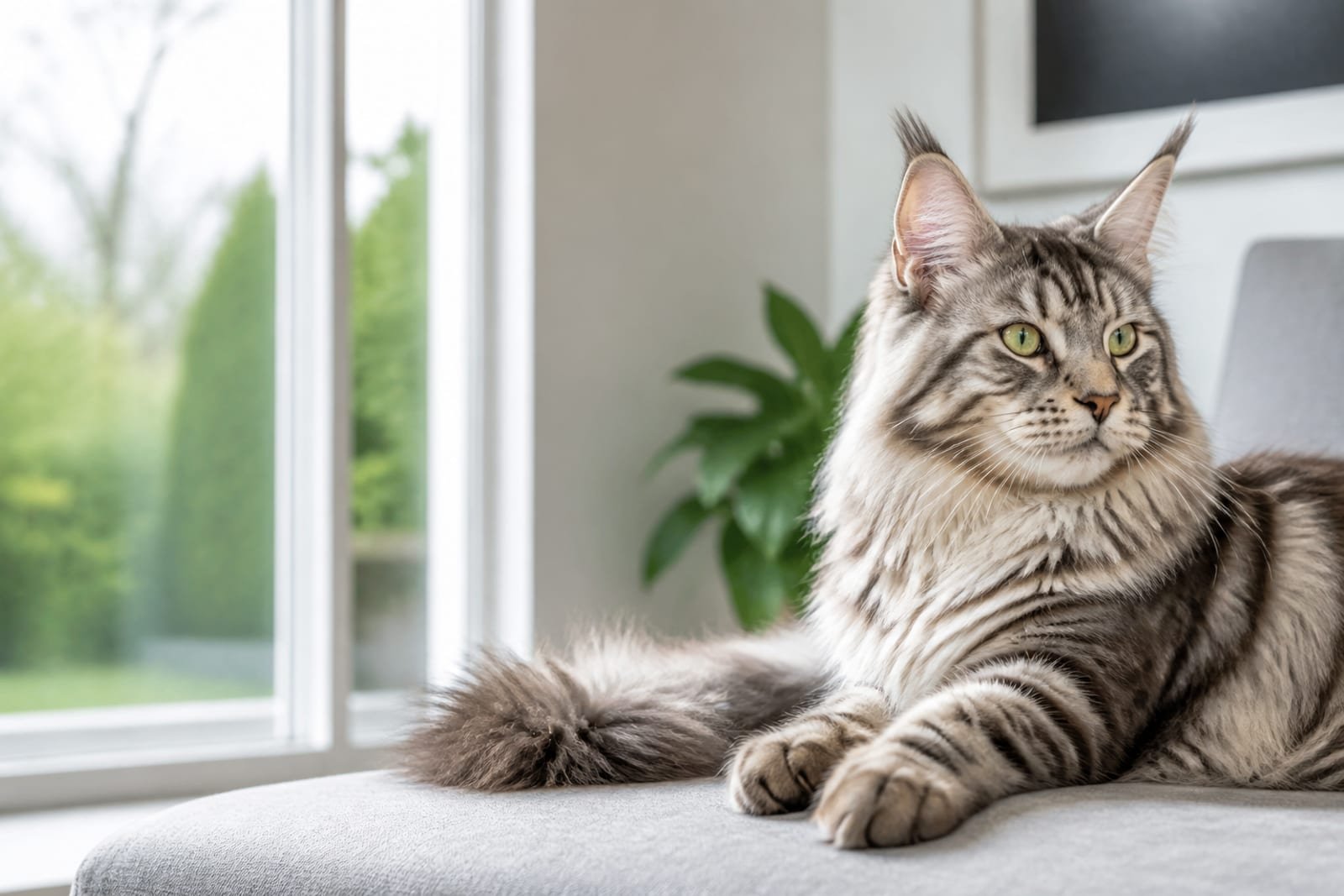 Silver-brown Maine Coon resting beside a bright window
