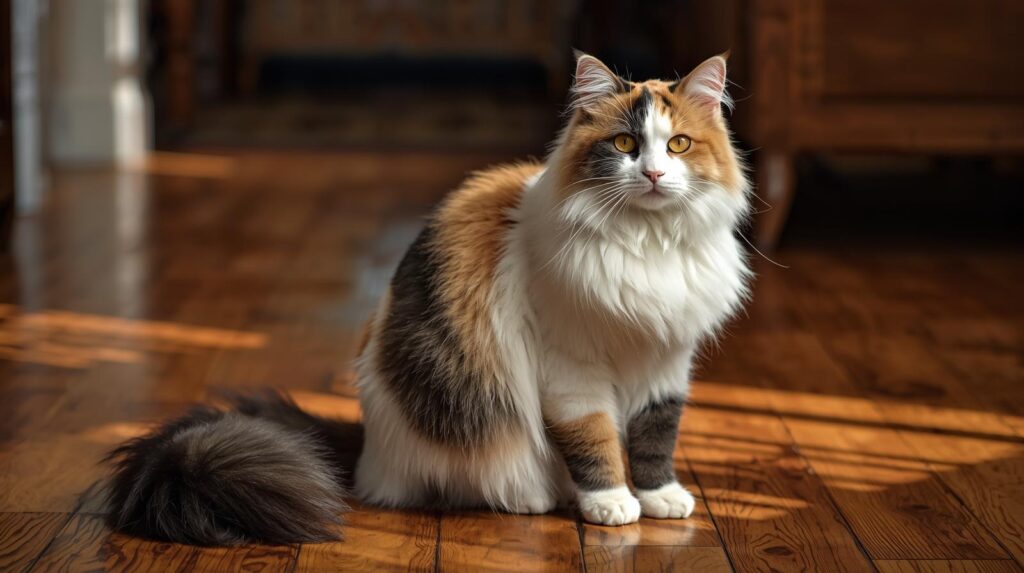 Current image: calico Maine Coon cat