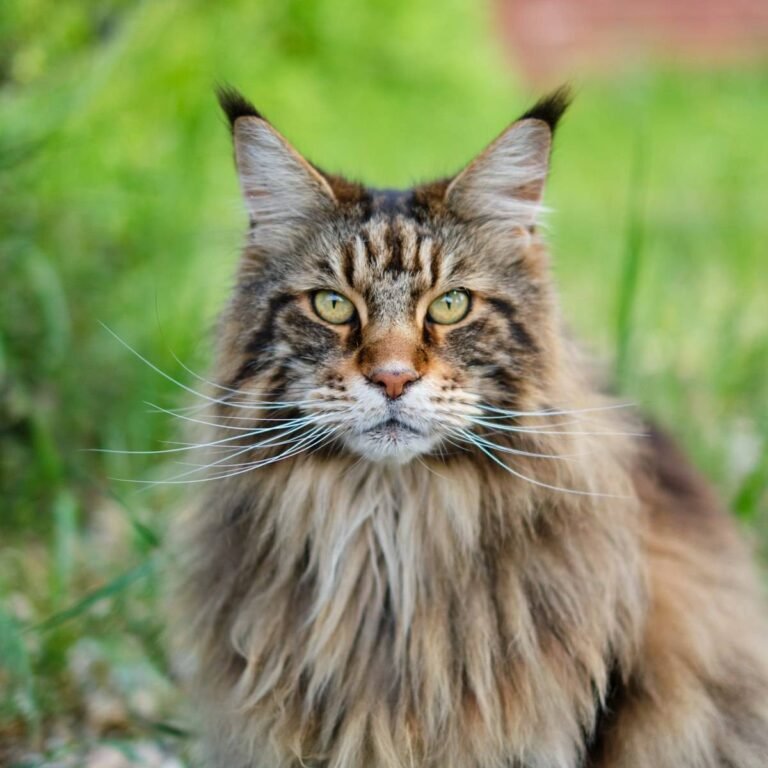 Brown tabby Maine Coon with lynx-tipped ear tufts and a full ruff sitting outdoors in grass