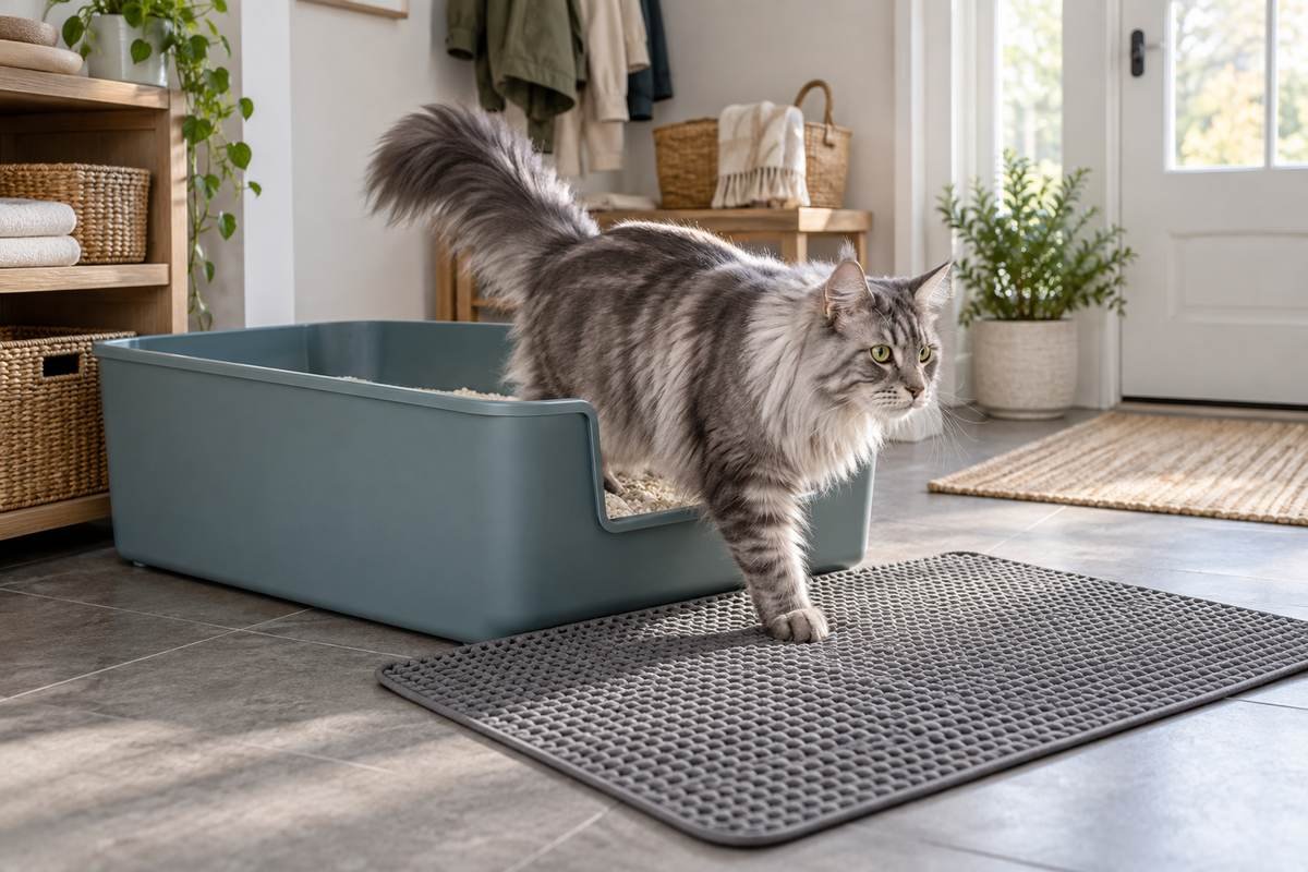 Large Maine Coon using an open high-sided litter box with a low entry