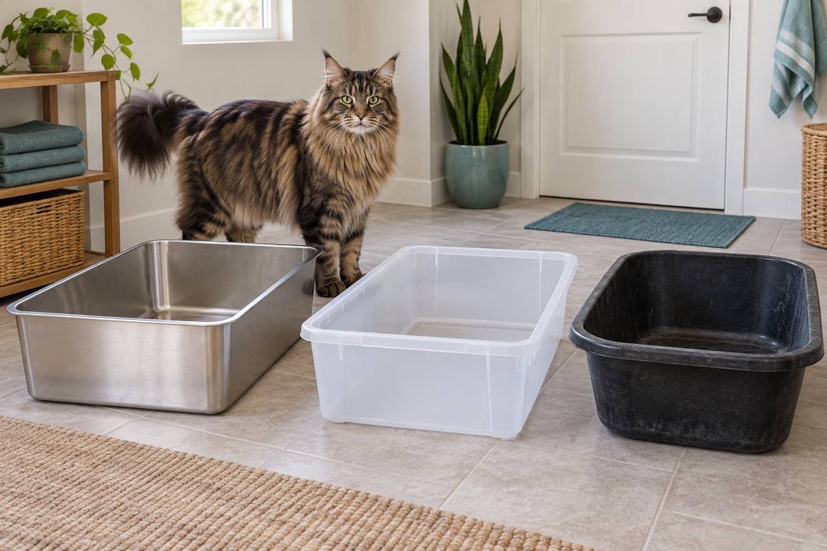XXL stainless steel pan, storage tote and mixing tub beside a large Maine Coon cat