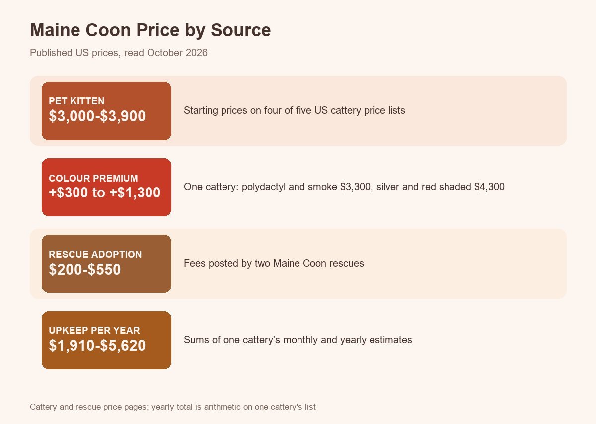 Maine Coon price by source: pet kitten, colour premium, rescue adoption and yearly upkeep